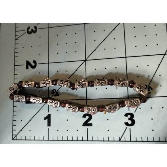 Pink Silver Beaded Bracelet Rhinestone Stretch 7 inch Valentine - Picture 3 of 4